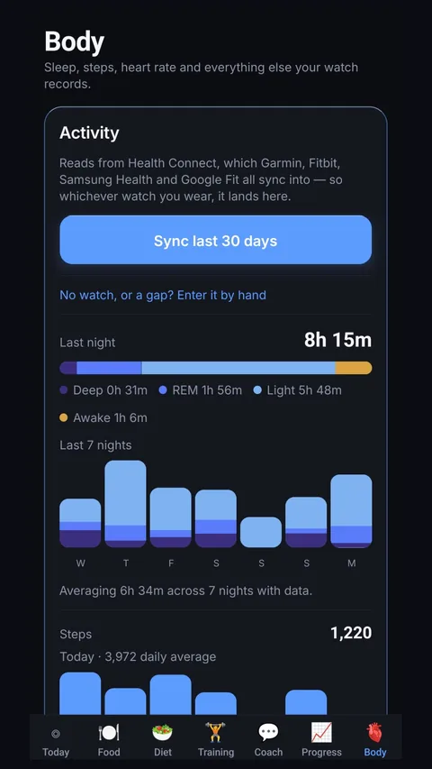 Body: sleep stages, steps and heart rate read from Health Connect.