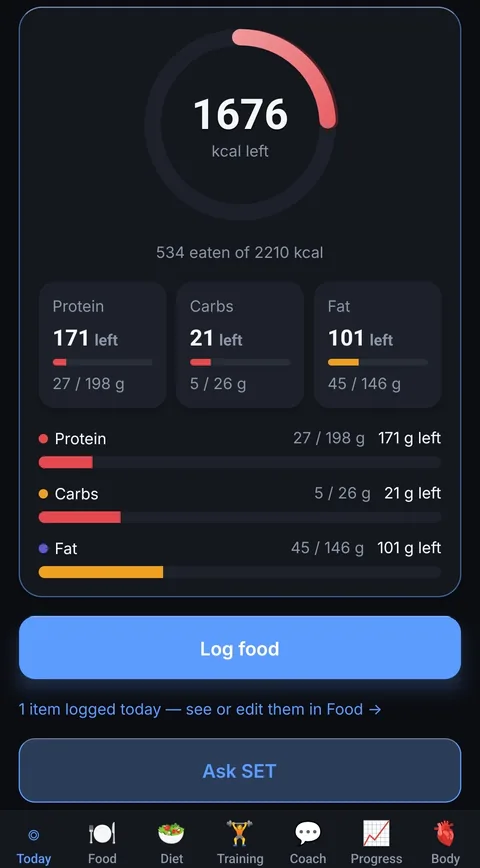 Today: 1741 calories left of 2215, with protein, carbs and fat remaining.